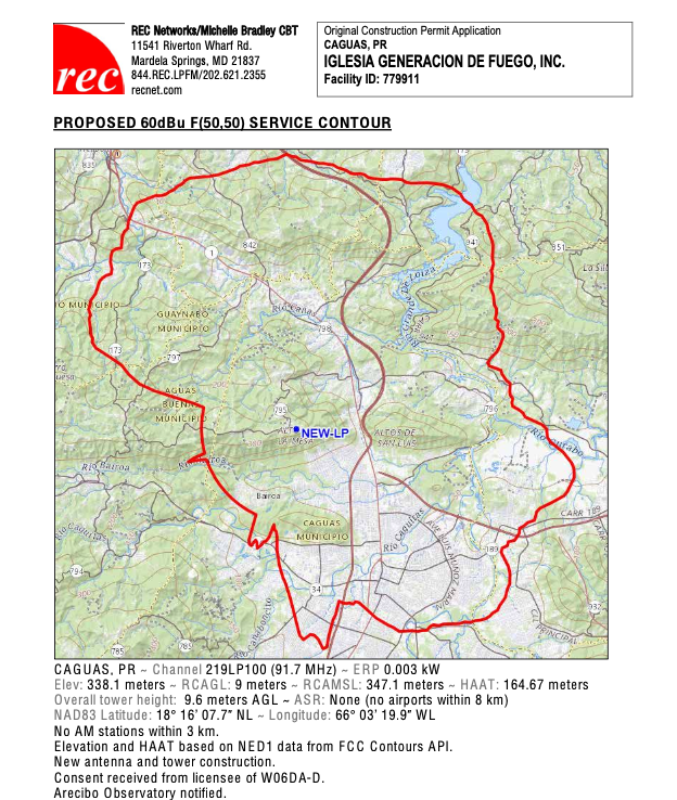 Iglesia Generacion de Fuego's proposed 60 dBu service contour, from its FCC application, as prepared by REC Networks. 
